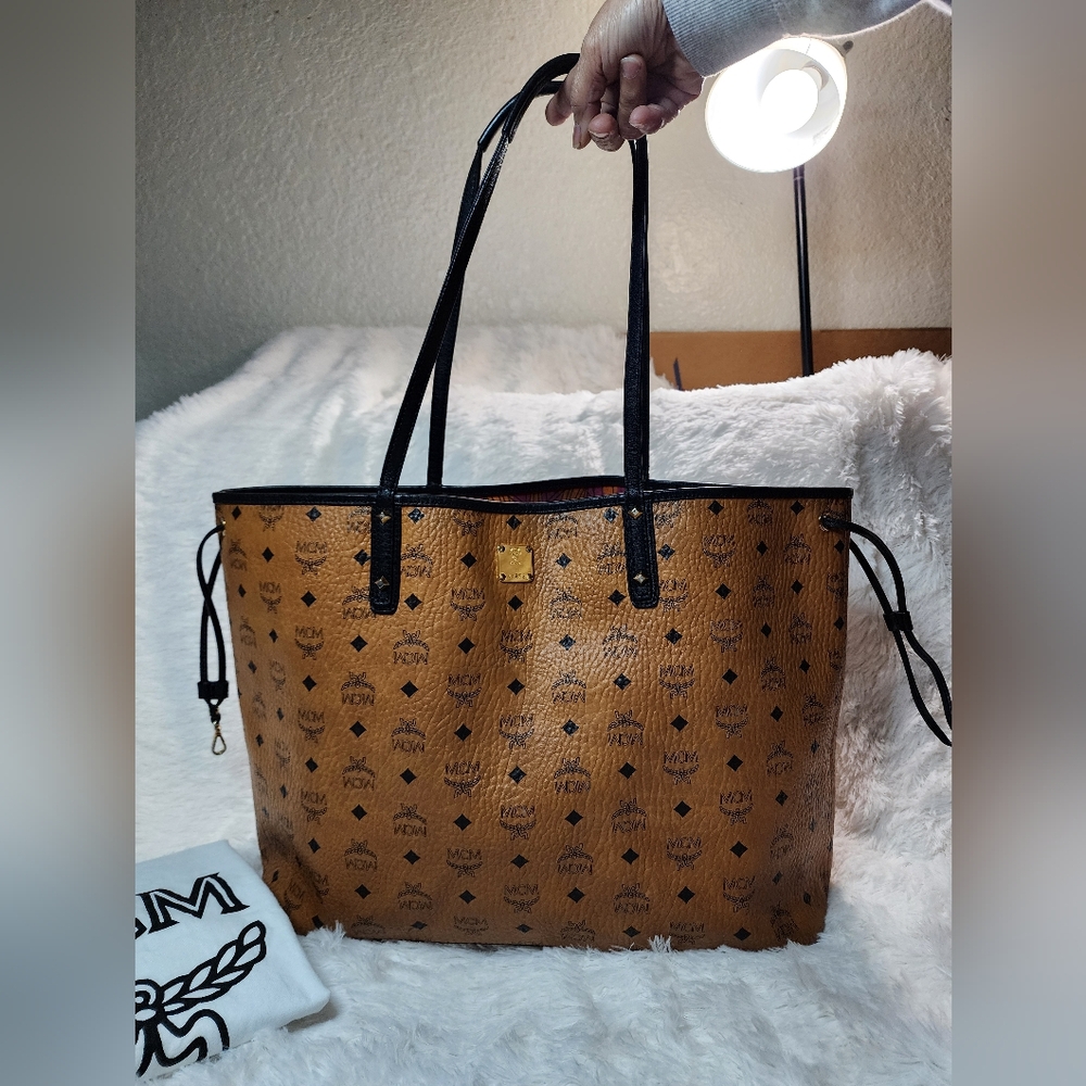 MCM Cognac Visetos Tote with Black Trim